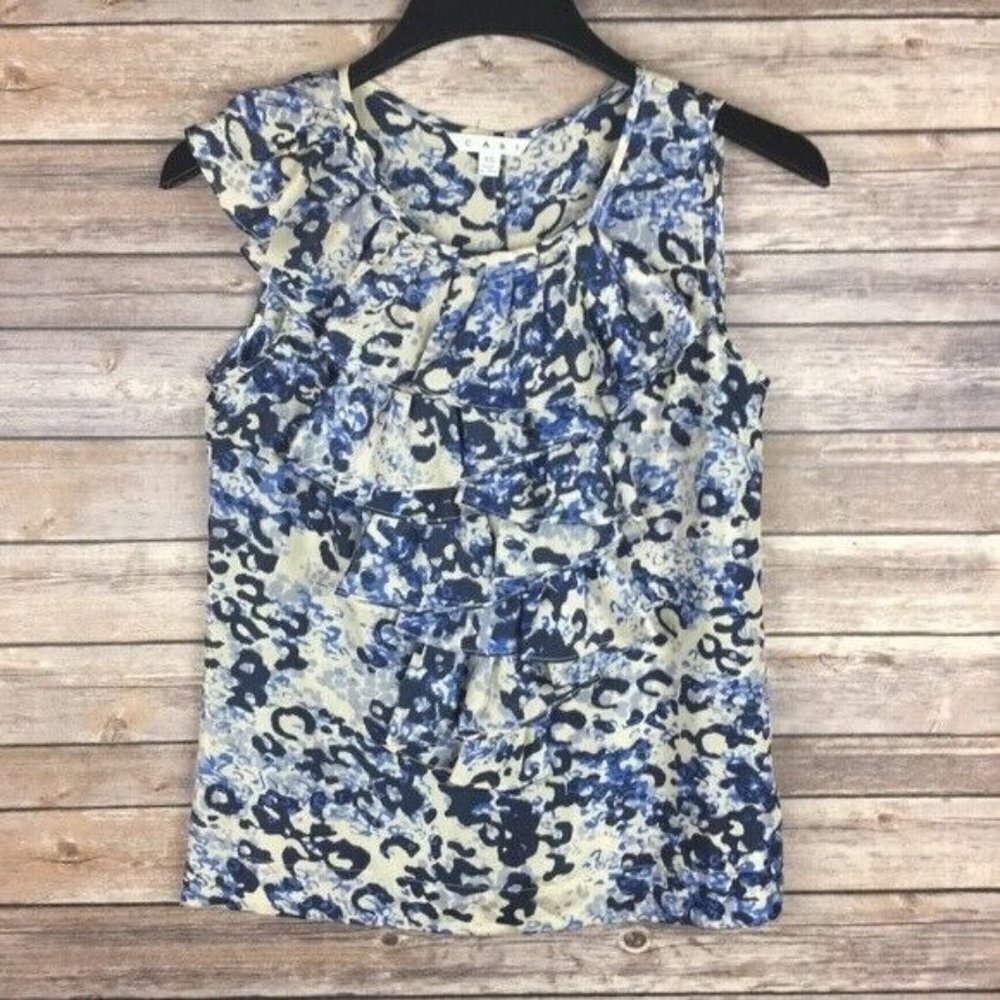 cAbi Blue & Beige SILK Watercolor Print Ruffle Tiered Blouse Size XS Sleeveless
